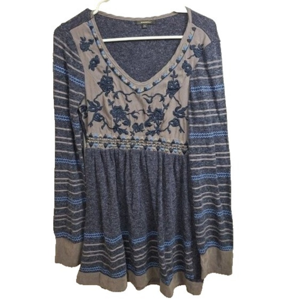 Radzoli‎ Womens BOHO Babydoll Tunic Top Small Gray Embroidered Long Sleeve